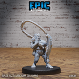 Stocky halfling male swinging a large scaled fish overhead on a looped rope, mouth open, one hand gripping the fish body, wearing a belt and working trousers. Sculpt by Epic Miniatures.