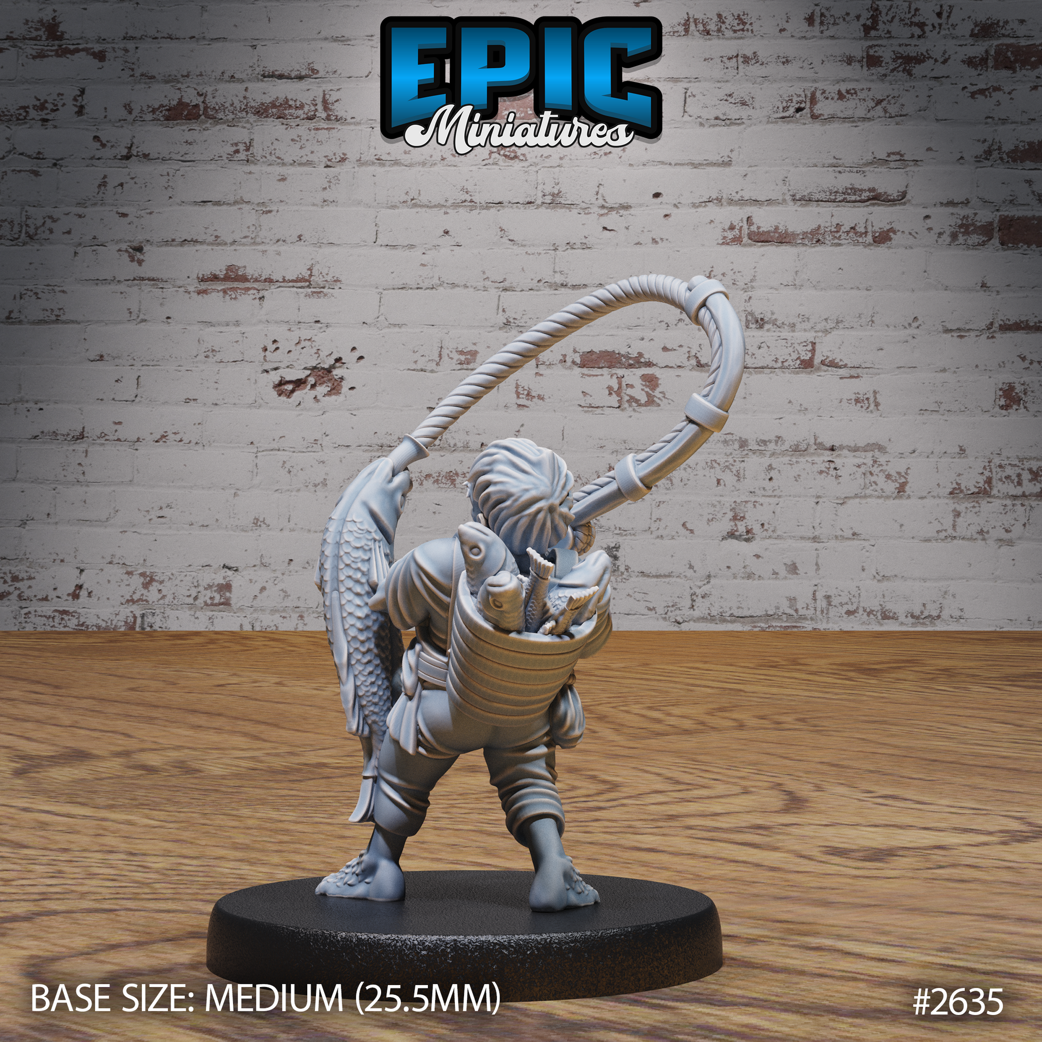 Halfling fisher seen from behind, rope arcing overhead, bucket of fish strapped to his back with tails visible over the rim, wearing layered work clothes. Sculpt by Epic Miniatures.