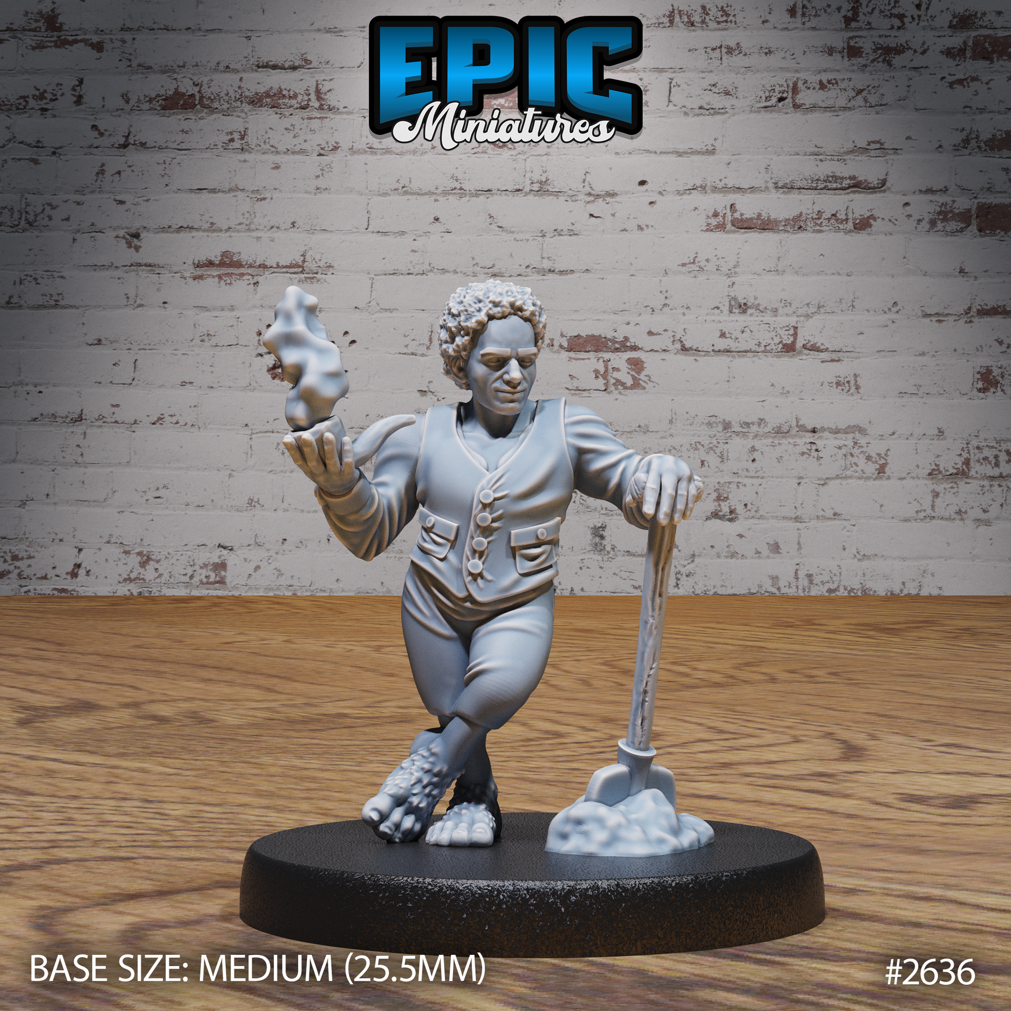 Halfling villager miniature leaning on a shovel planted in a dirt mound, raising one hand with sculpted smoke wisps, wearing a buttoned waistcoat and trousers, with curly hair and bare broad feet. Sculpt by Epic Miniatures.