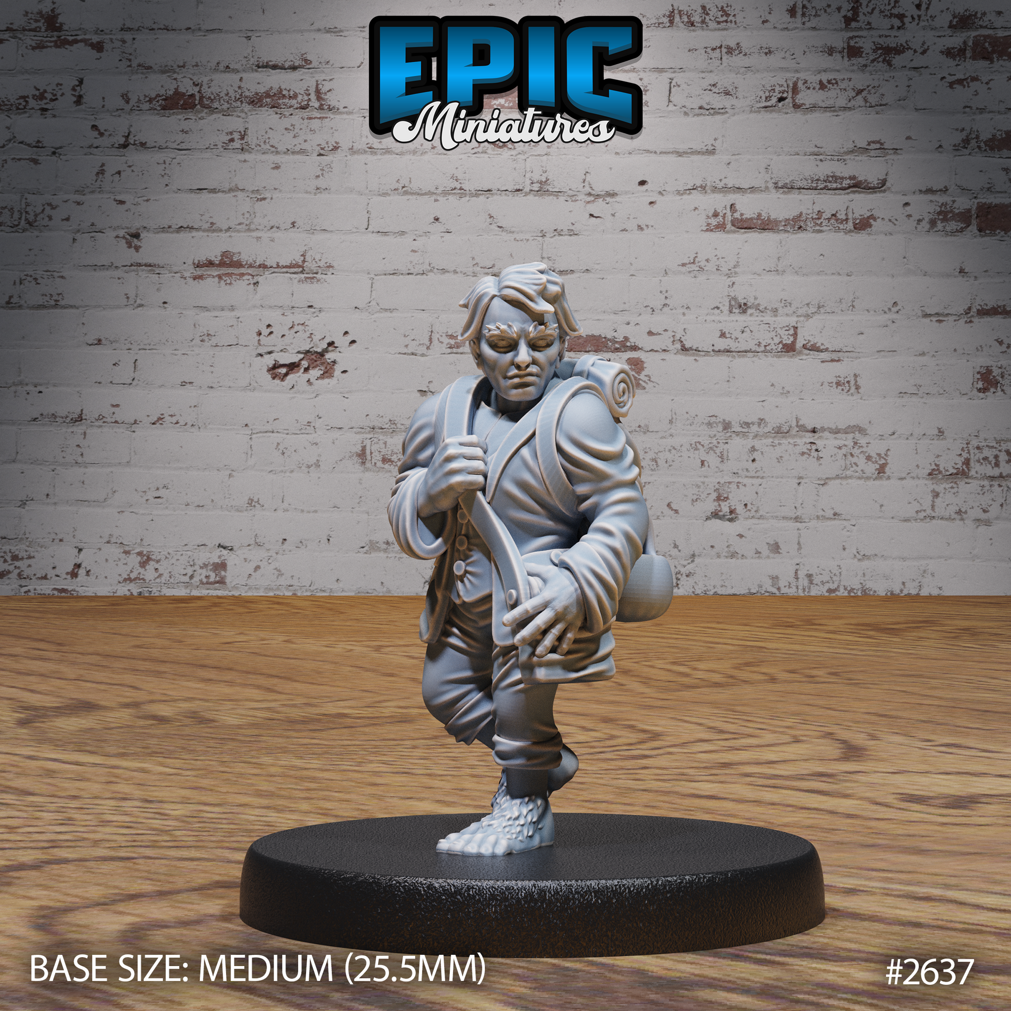 Halfling miniature mid-stride with one knee raised, wearing a layered travel coat, carrying a bedroll and pack. Tousled hair, focused expression, bare hairy feet. Sculpt by Epic Miniatures.