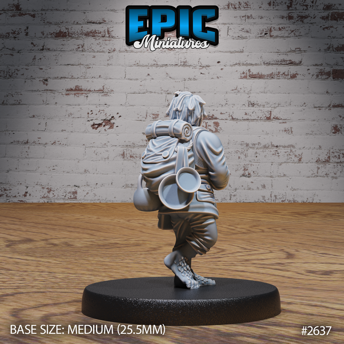 Halfling miniature seen from behind, showing a tightly rolled bedroll, round water vessel, tin cup, and traveller's pack strapped across the back. Bare hairy feet visible at base. Sculpt by Epic Miniatures.