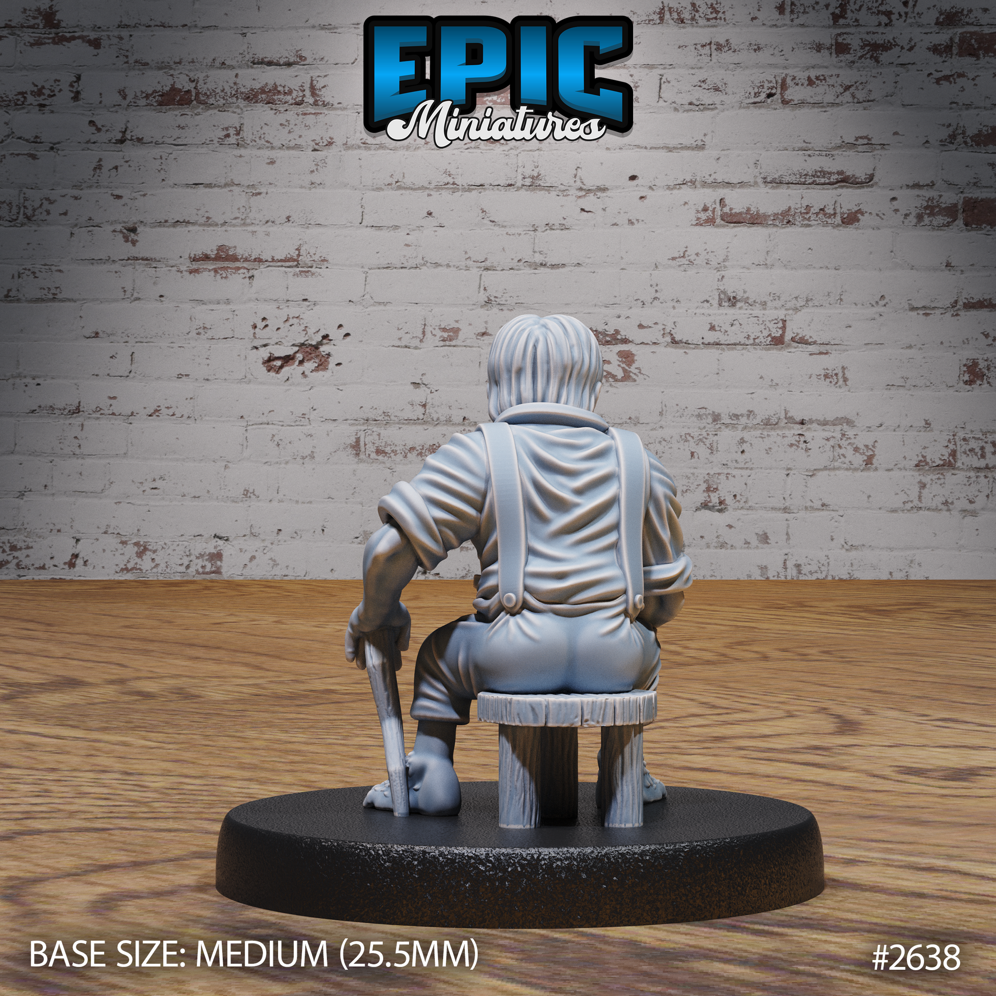 Halfling villager miniature by Epic Miniatures shown from behind, seated on a low wooden stool with a walking stick visible at his side, wearing a loose shirt with braces crossing the back, long hair falling to the nape of the neck.