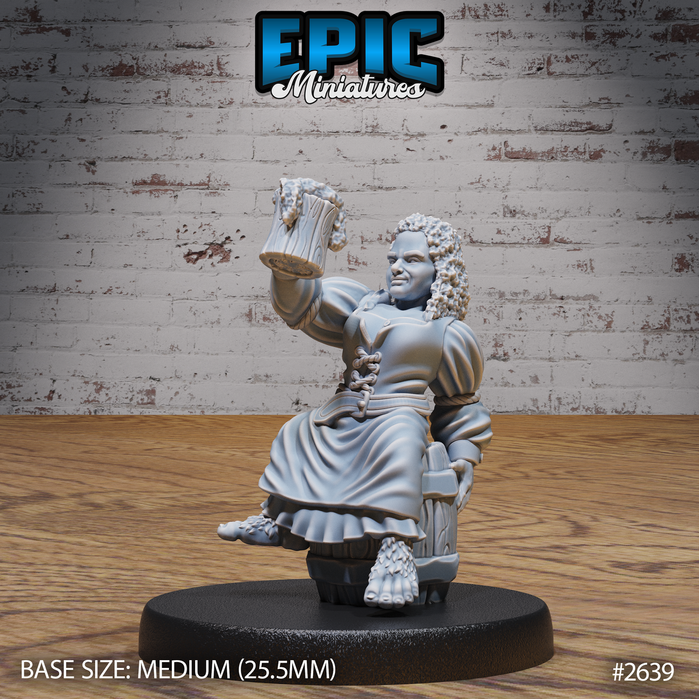 Halfling barmaid holding a frothing wooden tankard aloft with one hand, wearing a ruffled blouse with laced ties, layered skirts, and a rope belt, with curly hair and a broad grin. Sculpt by Epic Miniatures.