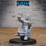 Halfling barmaid holding a frothing wooden tankard aloft with one hand, wearing a ruffled blouse with laced ties, layered skirts, and a rope belt, with curly hair and a broad grin. Sculpt by Epic Miniatures.
