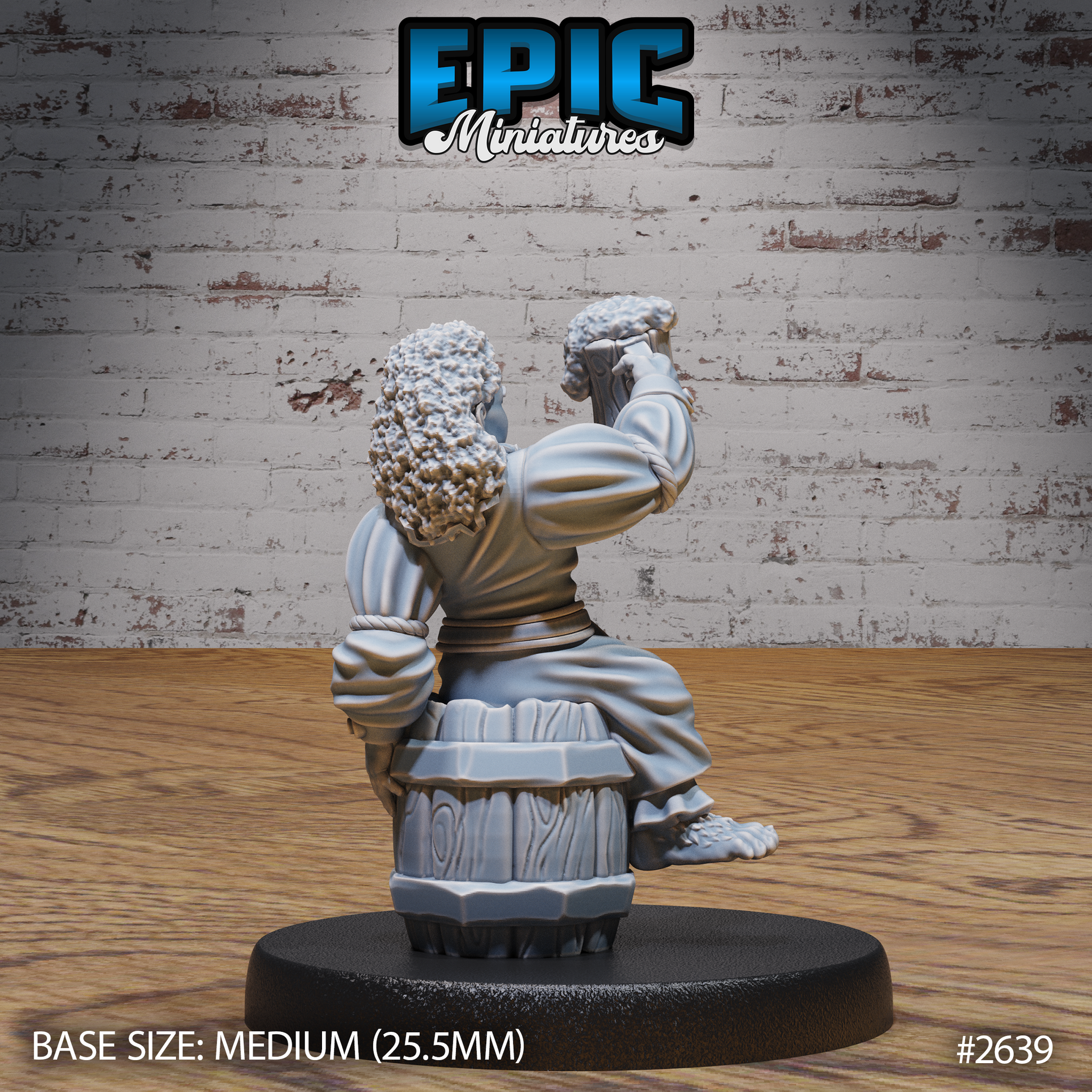 Halfling barmaid seen from behind, tankard raised overhead, showing a wooden barrel base tucked beneath her layered skirts, a rope belt across her back, and voluminous curly hair. Sculpt by Epic Miniatures.