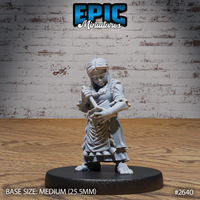 Halfling female villager leaning forward with a rolling pin gripped in both hands, wearing layered skirts, a fur-trimmed collar, and loose braided hair. Sculpt by Epic Miniatures.
