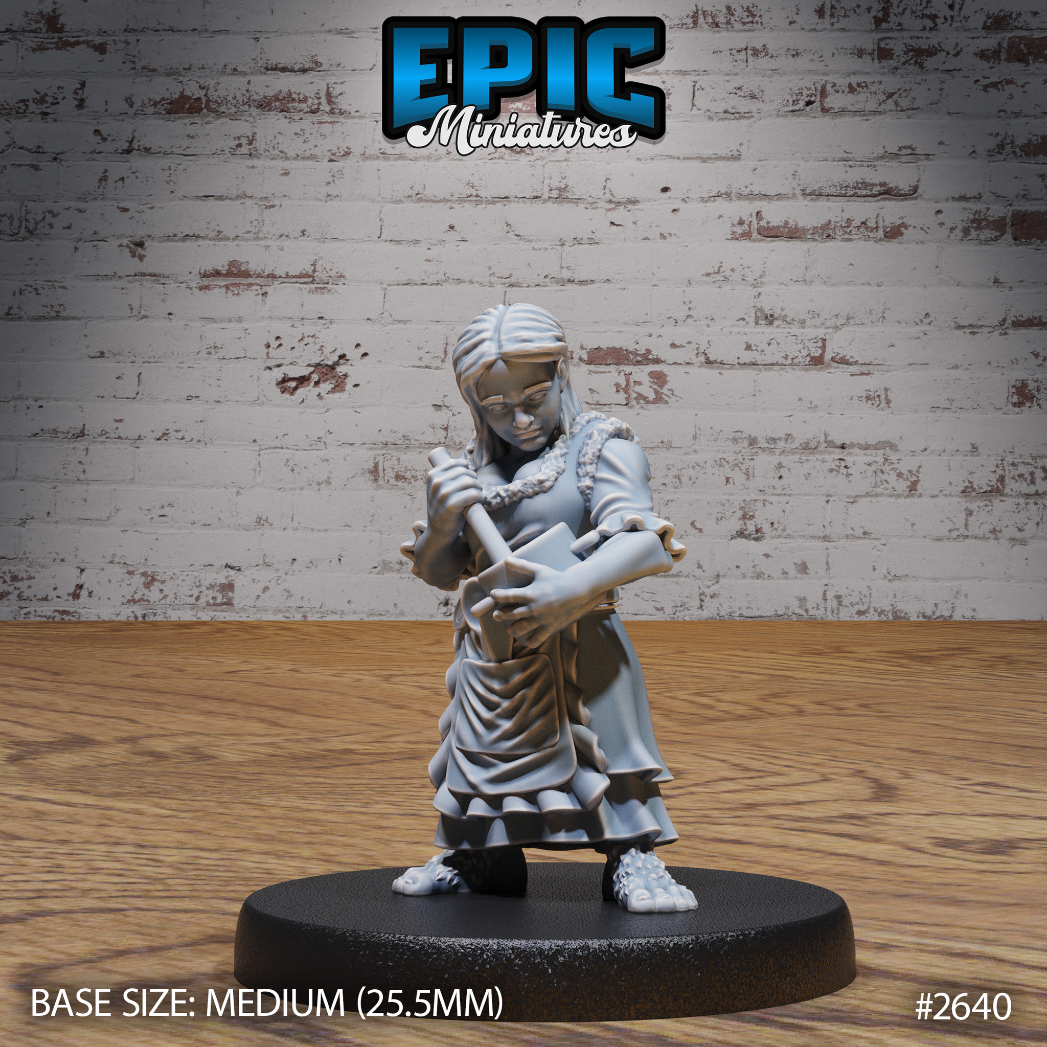 Halfling female villager leaning forward with a rolling pin gripped in both hands, wearing layered skirts, a fur-trimmed collar, and loose braided hair. Sculpt by Epic Miniatures.