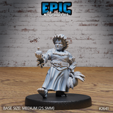 Halfling female figure stepping forward, extending a small bottle in one hand and clutching a bundle of feathered herbs under the other arm, wearing a ruffled cap, fur-trimmed blouse, and leather belt over layered skirts. Sculpt by Epic Miniatures.