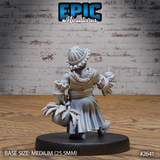 Halfling female figure seen from behind, showing a ruffled bonnet, braided cord at the waist, layered skirts, and a bundle of feathered fronds tucked under one arm, with a small bottle held in the raised hand. Sculpt by Epic Miniatures.