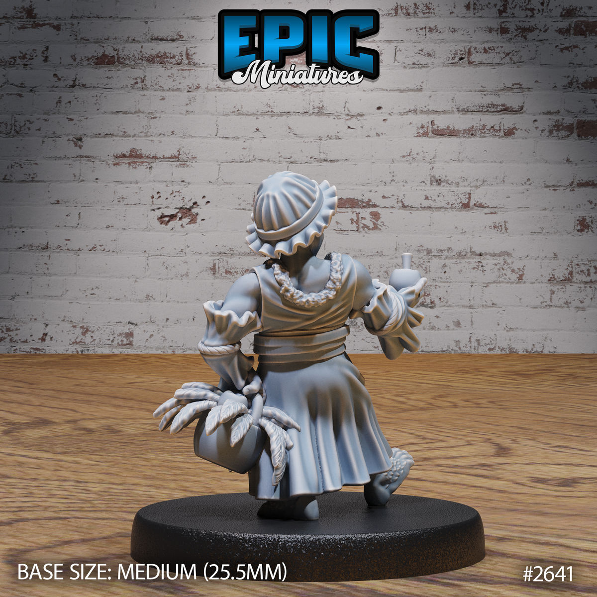 Halfling female figure seen from behind, showing a ruffled bonnet, braided cord at the waist, layered skirts, and a bundle of feathered fronds tucked under one arm, with a small bottle held in the raised hand. Sculpt by Epic Miniatures.