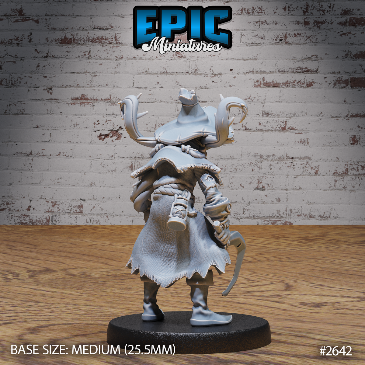 Pumpkin scarecrow miniature seen from behind, showing layered tattered robes, knotted rope belt, worn boots, warped hat brim, and curved blade at the hip. Sculpt by Epic Miniatures.