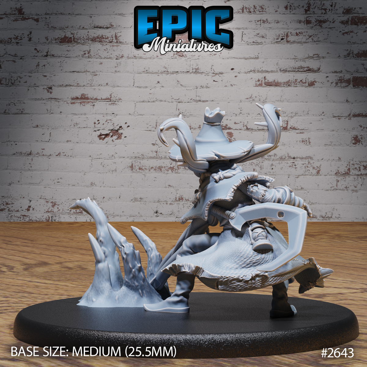 Pumpkin-headed scarecrow mage viewed from behind and below, revealing a large cleaver or axe-like blade at the hip, layered ragged robes, and the erupting icy crystal base piece to the left. Epic Miniatures sculpt.