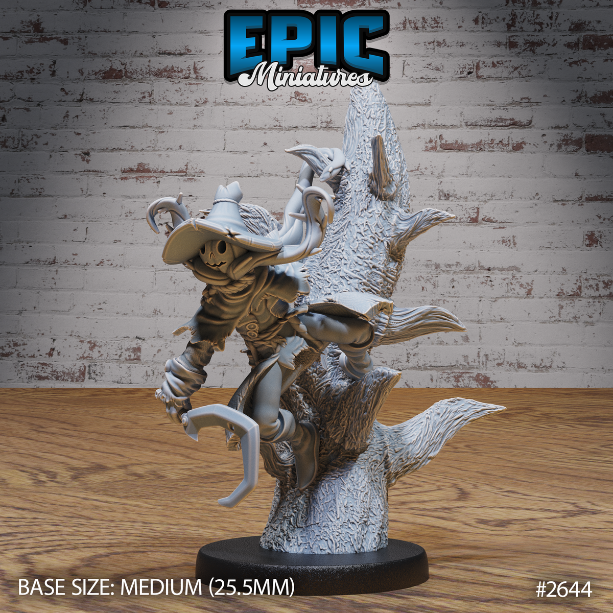 Scarecrow miniature with a carved jack-o'-lantern head and wide-brimmed spiked hat, clinging to a gnarled dead tree with hooked talons and tattered robes, by Epic Miniatures.