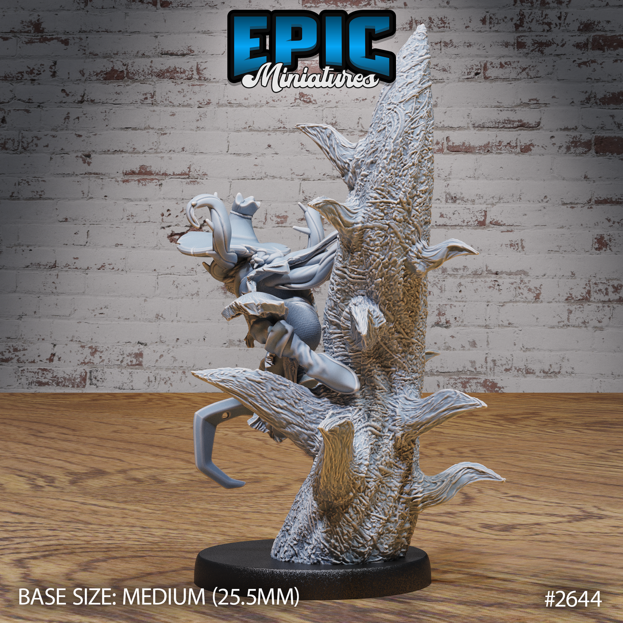 Rear view of the pumpkin scarecrow miniature showing its lean stitched body pressed against deeply textured bark, curved insectile limbs gripping the dead tree trunk, by Epic Miniatures.