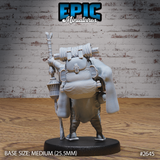 Rear view of a heavily loaded merchant, showing an enormous overstuffed backpack with buckled satchels and rolled maps, robes draping to his boots, lantern staff raised. Sculpt by Epic Miniatures.
