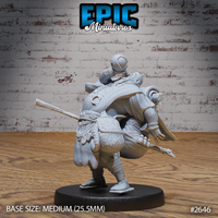 Portly travelling merchant hunched under a massive overstuffed pack, wearing layered robes with belts and pouches, a staff slung at his side. Sculpt by Epic Miniatures.
