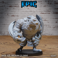Stocky, fur-covered beast-warrior in layered scale armour, holding twin wide crescent blades, with a leonine snarling head framed by curved armour pieces and a bold chest sigil. Sculpt by Epic Miniatures.