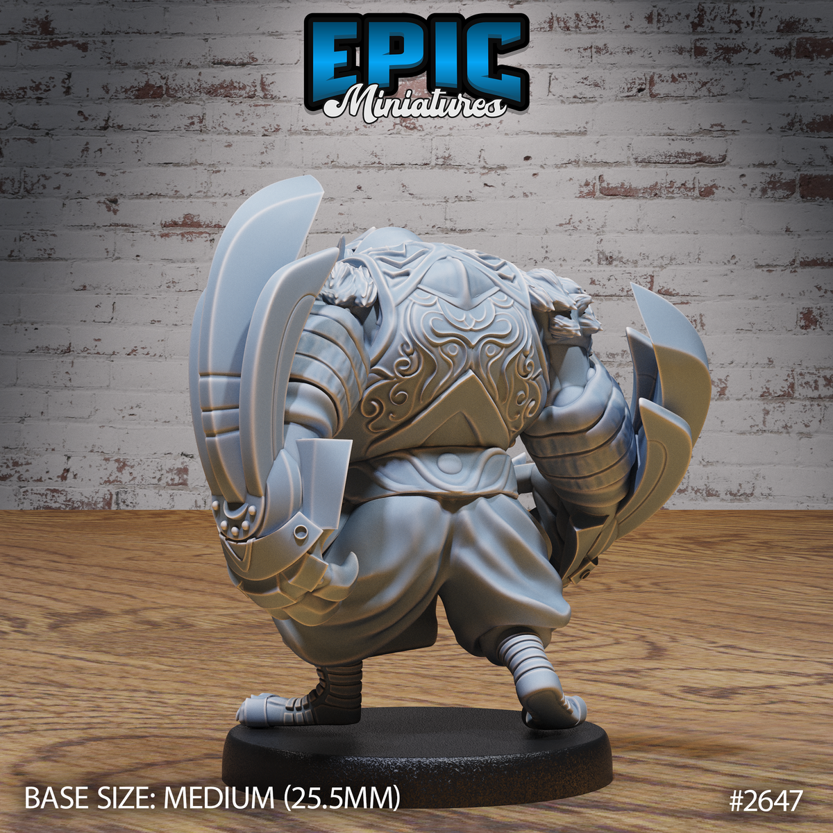 Rear view of the beast-warrior showing flowing knotwork engravings across the back plate and segmented shoulder armour, crescent blades visible on each side, clawed feet planted firmly. Sculpt by Epic Miniatures.