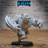 Snarling armoured leonine beast mid-strike, one claw sweeping wide and one raised, wearing engraved plate armour with scrollwork breastplate and segmented pauldrons. Sculpt by Epic Miniatures.