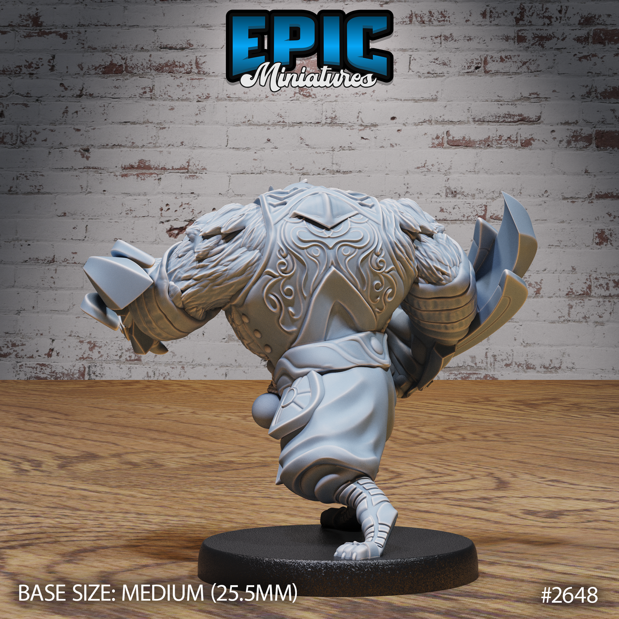 Armoured leonine beast leaning forward aggressively, engraved scrollwork visible across the chest plate and back armour, claws extended on both hands, snarling expression. Sculpt by Epic Miniatures.