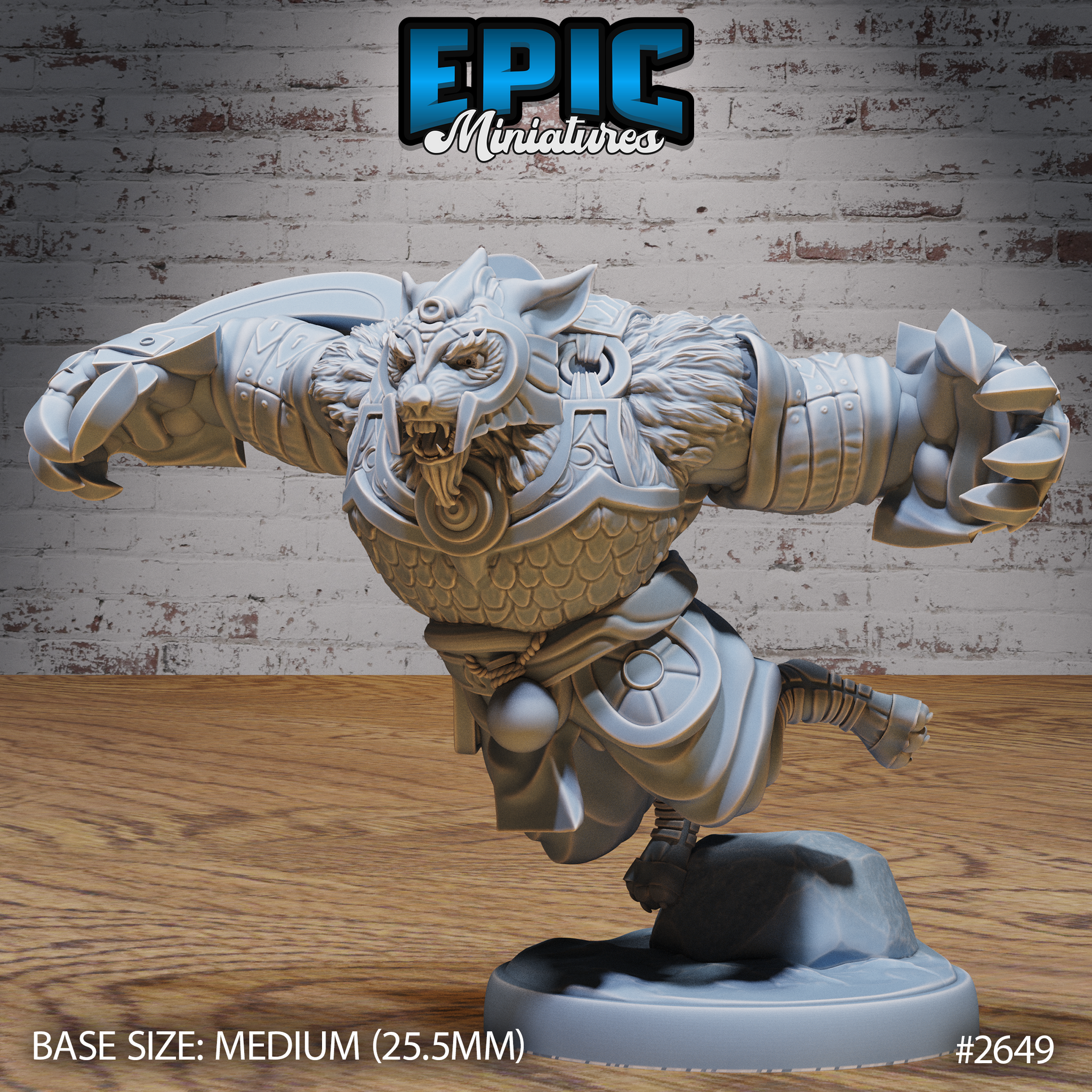 Armoured beast miniature in a wide leaping pose, arms spread and claws splayed, snarling wolf-like head with bared fangs, layered scale chest armour and segmented plate on forearms, rocky scenic base. Sculpt by Epic Miniatures.