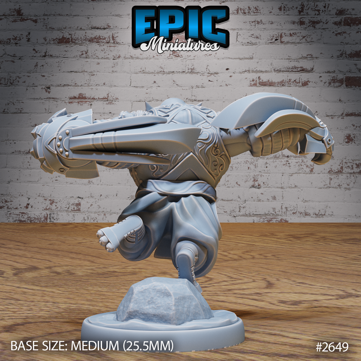 Armoured beast miniature seen from behind mid-leap, broad segmented plate shoulders and armoured forearms visible, one clawed hand reaching forward, flowing fabric at the waist, rocky base below. Sculpt by Epic Miniatures.