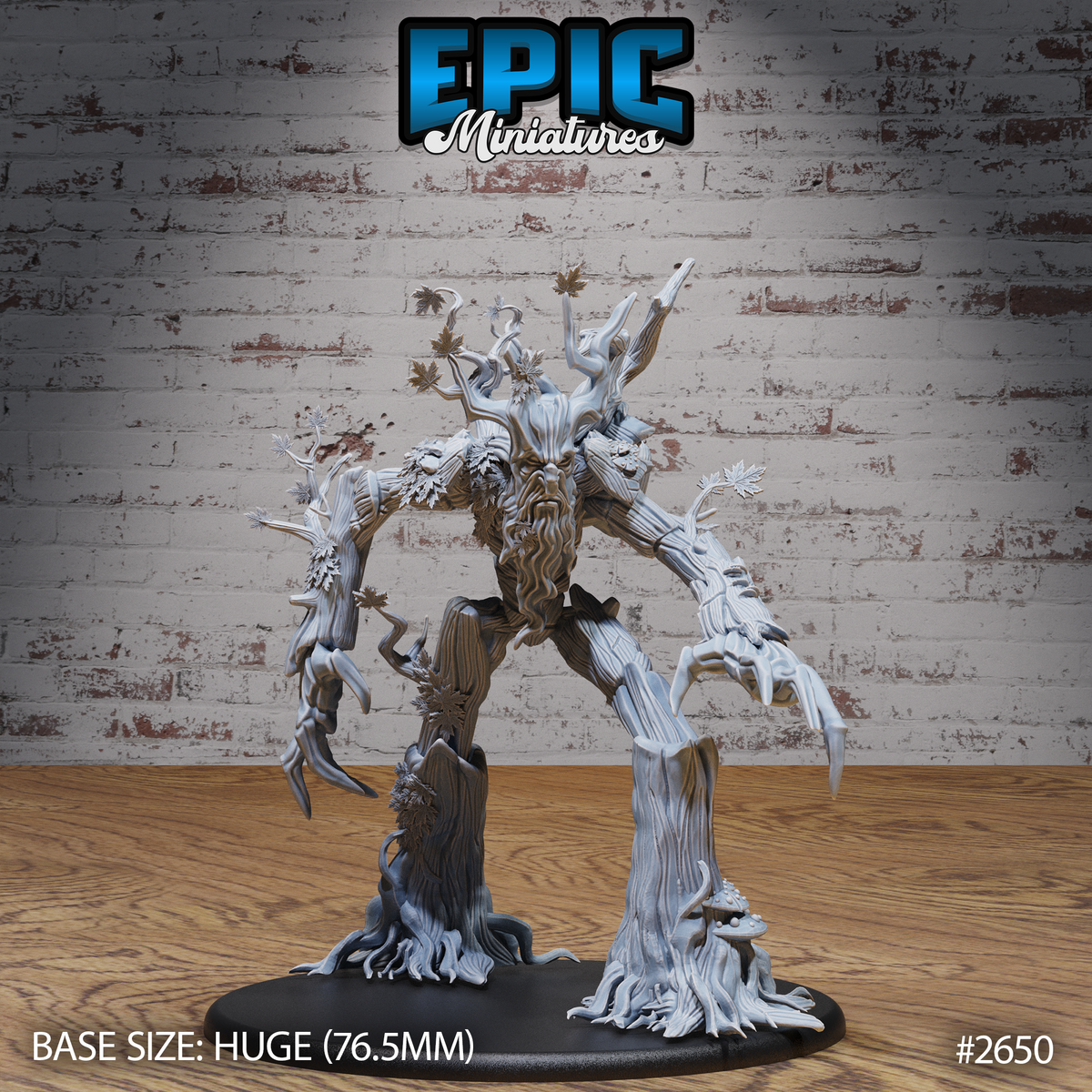 Treant miniature by Epic Miniatures, a towering bark-bodied creature with a bearded face on its chest, outstretched branch-arms, maple leaf details, and flanking dead-tree scenery on a huge oval base.