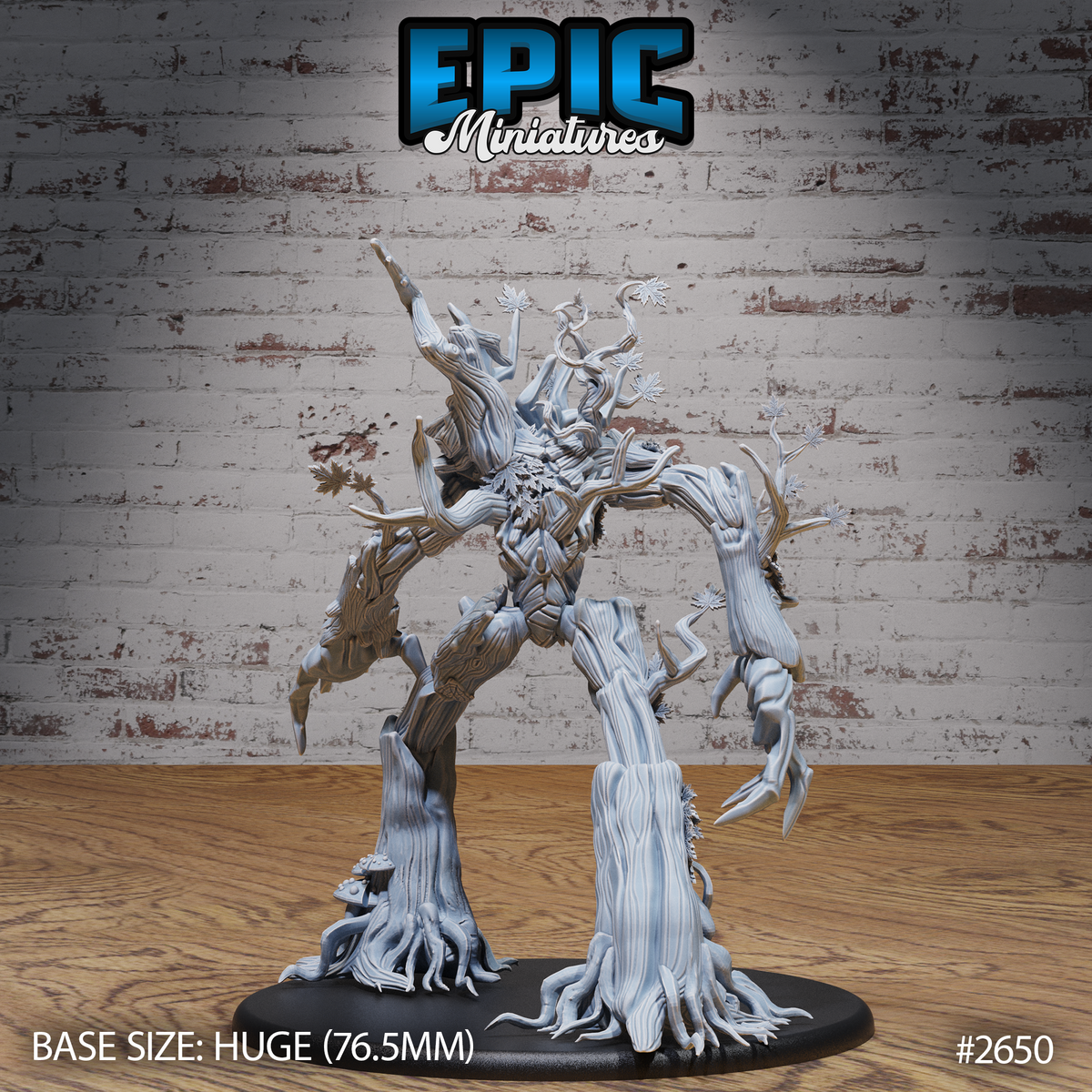 Treant miniature by Epic Miniatures viewed from behind, showing deeply ridged bark texture across the trunk-like torso, grasping root legs, and flanking bare tree stumps rising from the scenic huge oval base.