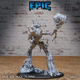 Treant miniature seen from a low angle, deeply ridged bark detail across torso and limbs, boulder raised in one hand, leafy branches splayed at crown. Sculpt by Epic Miniatures.
