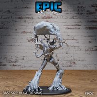 Angry treant miniature with multi-limbed branch arms splayed wide, boulder raised aloft, deeply textured woodgrain bark across torso and legs, root-feet on a large oval base. By Epic Miniatures.