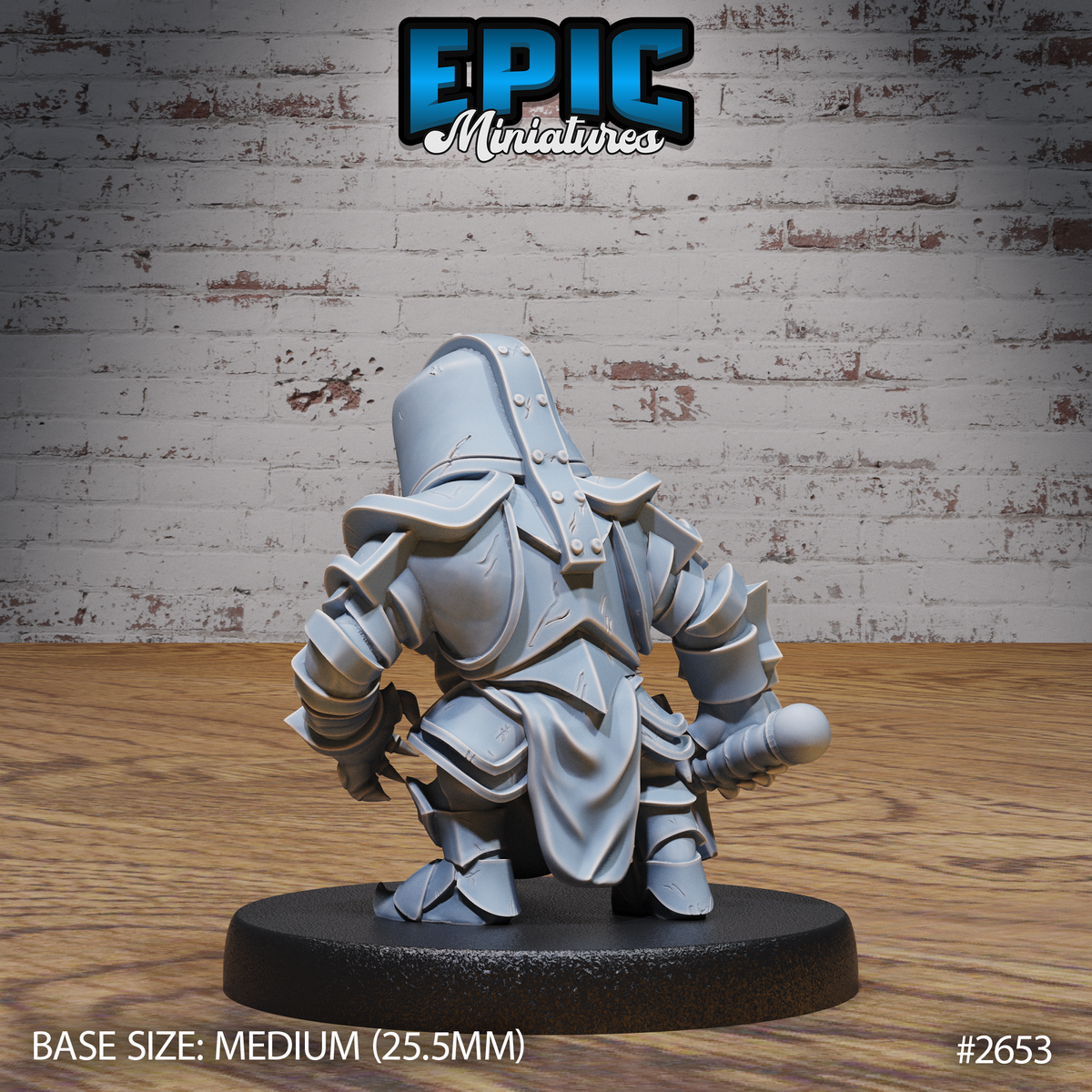 Halfling in riveted full plate armour standing with weight set low, one arm bent back with a mace or weighted fist, visored coif helm, layered pauldrons with visible battle scarring. Sculpt by Epic Miniatures.