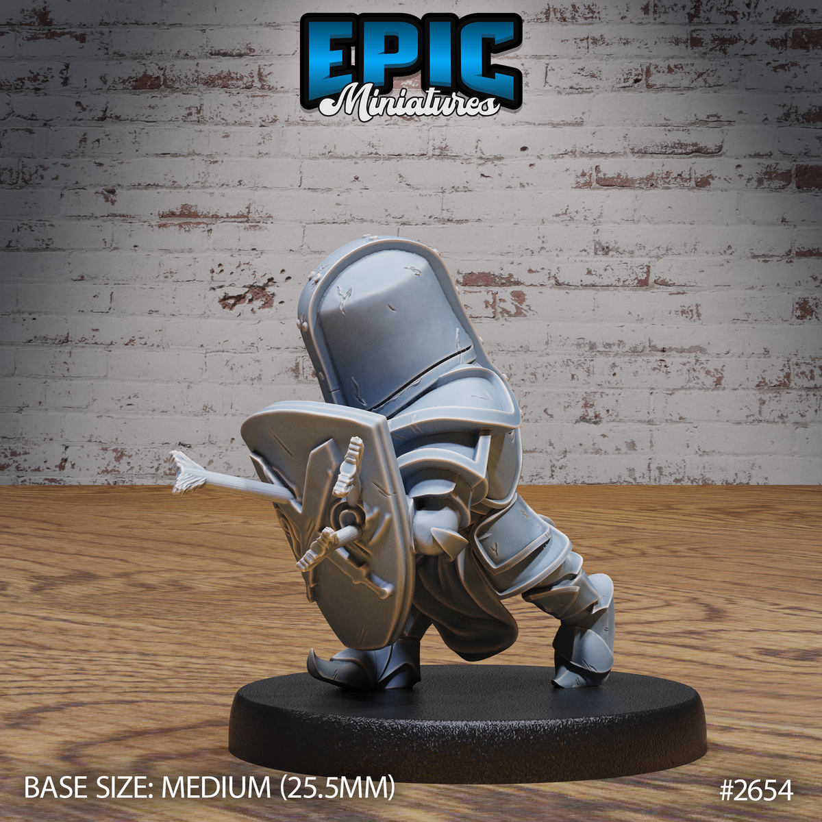 Halfling Juggernaut miniature in a low forward charge, shield raised across the body with an arrow embedded in it, bucket helm bowed, short weapon tucked behind the shield. Sculpt by Epic Miniatures.