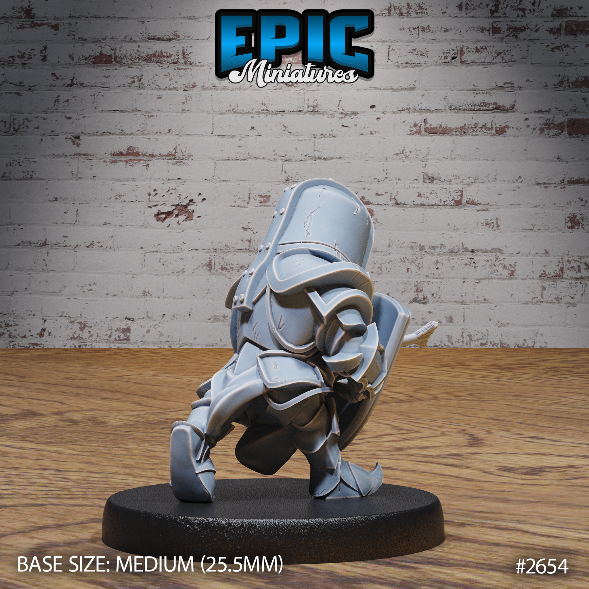 Halfling Juggernaut miniature viewed from the left, showing layered pauldrons, battered breastplate, and crouched charging stance with shield braced forward. Sculpt by Epic Miniatures.