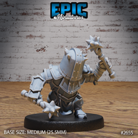 Stocky halfling in full spiked plate armour charging forward, swinging a flat-headed club low in one hand and raising a star-headed morning star overhead. Sculpt by Epic Miniatures.