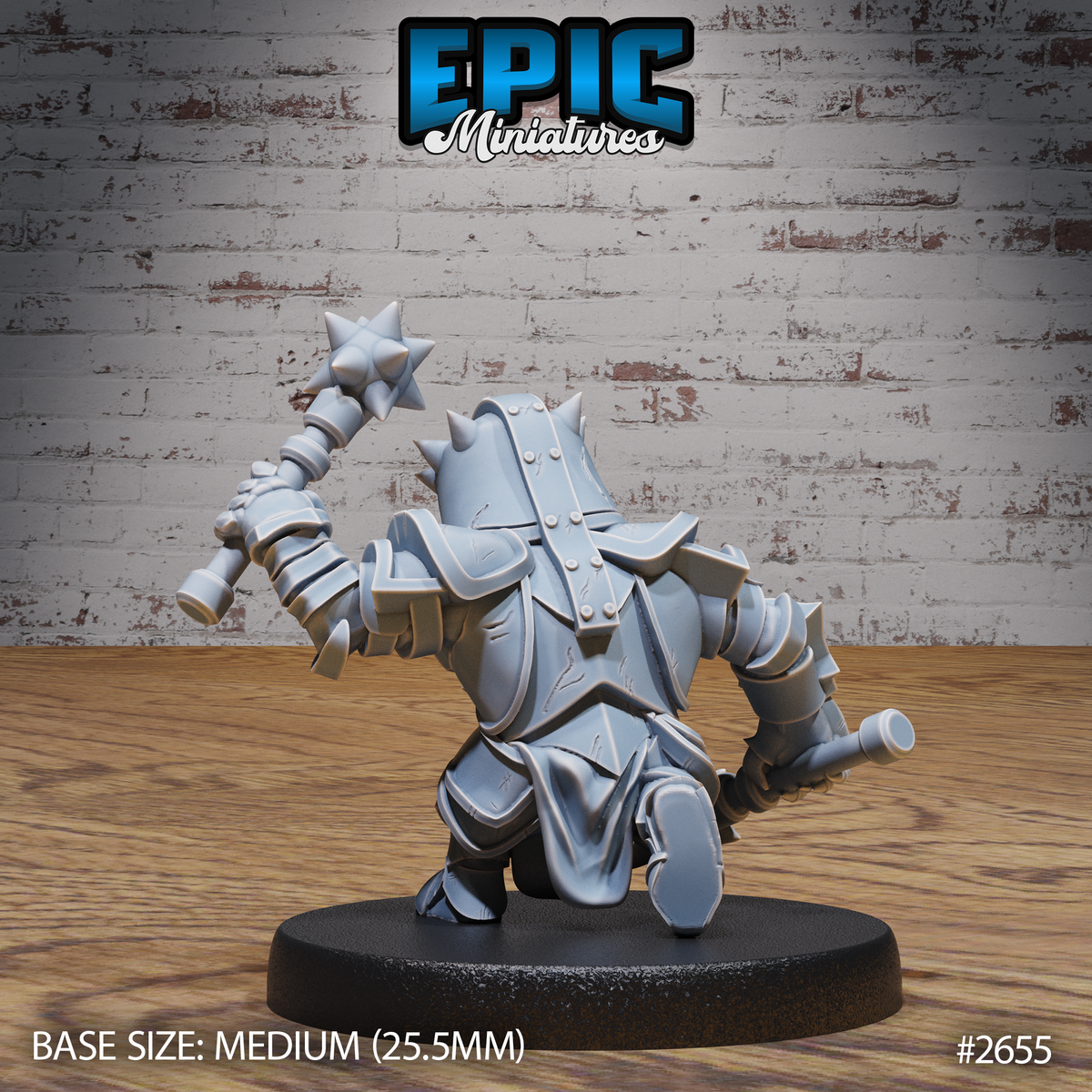 Heavily armoured halfling juggernaut seen from behind and to the side, riveted pauldrons and layered tassets visible, morning star raised aloft mid-swing. Sculpt by Epic Miniatures.