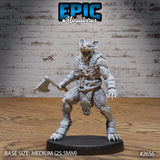Snarling gnoll warrior clutching a hand axe, jaws wide open, wearing chevron-plate chest armour with a skull pendant and fur-covered limbs with banded bracers. Sculpt by Epic Miniatures.