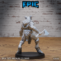 Gnoll warrior seen from behind, axe held low in one hand, showing layered fur across the back, chevron-patterned plate armour, and banded ankle and wrist wraps. Sculpt by Epic Miniatures.