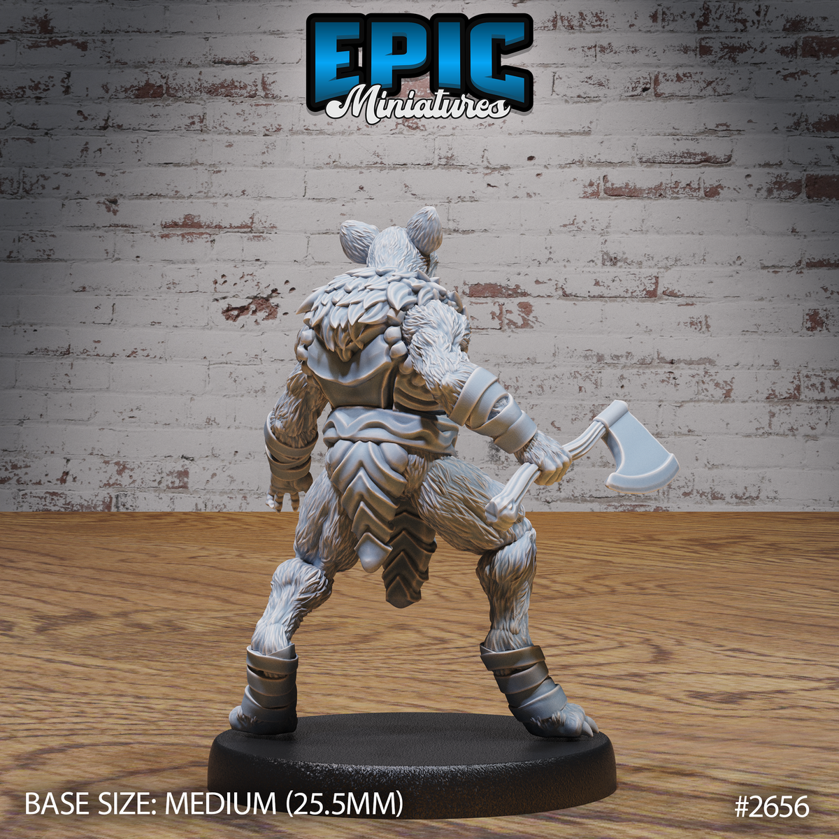 Gnoll warrior seen from behind, axe held low in one hand, showing layered fur across the back, chevron-patterned plate armour, and banded ankle and wrist wraps. Sculpt by Epic Miniatures.