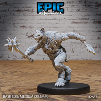 Snarling gnoll warrior in a forward-lunging crouch, swinging a large multi-spiked morningstar in the right hand and reaching with a hand axe in the left, with striated fur, leather arm and leg wraps, and a skull-decorated belt. Sculpt by Epic Miniatures.