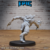 Gnoll warrior viewed from behind and to the right, showing leather back armour, fur texture across the shoulders and haunches, hand axe raised in the right hand, morningstar carried low in the left, legs mid-stride. Sculpt by Epic Miniatures.