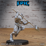 Gnoll sculpt shown from behind, polearm extended low and to the right, thick shaggy fur visible across the back and legs, wrapped limbs and a spine of bone studs running up the neck. Sculpt by Epic Miniatures.