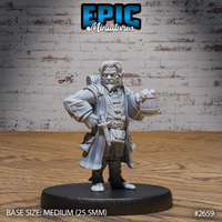 Stocky halfling figure standing with one hand on hip, holding a full wooden tankard aloft. Wearing a long open coat, layered clothes, and an ornate belt. Sculpt by Epic Miniatures.
