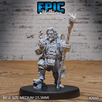 Stocky bearded halfling clutching a twisted wooden staff topped with a dragon head, one finger raised mid-gesture, wearing layered coats and an ornate belt. Sculpt by Epic Miniatures.
