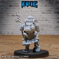 Halfling figure seen from behind, showing a detailed pack and armoured pauldrons, one arm raised holding a gnarled dragon-headed staff, wearing a long flowing coat. Sculpt by Epic Miniatures.
