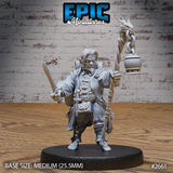 Stocky halfling figure standing upright, holding a gnarled staff topped with a draconic head and hanging lantern in his right hand, a short blade in his left. Wearing a layered coat and waistcoat, bare-footed. Sculpt by Epic Miniatures.