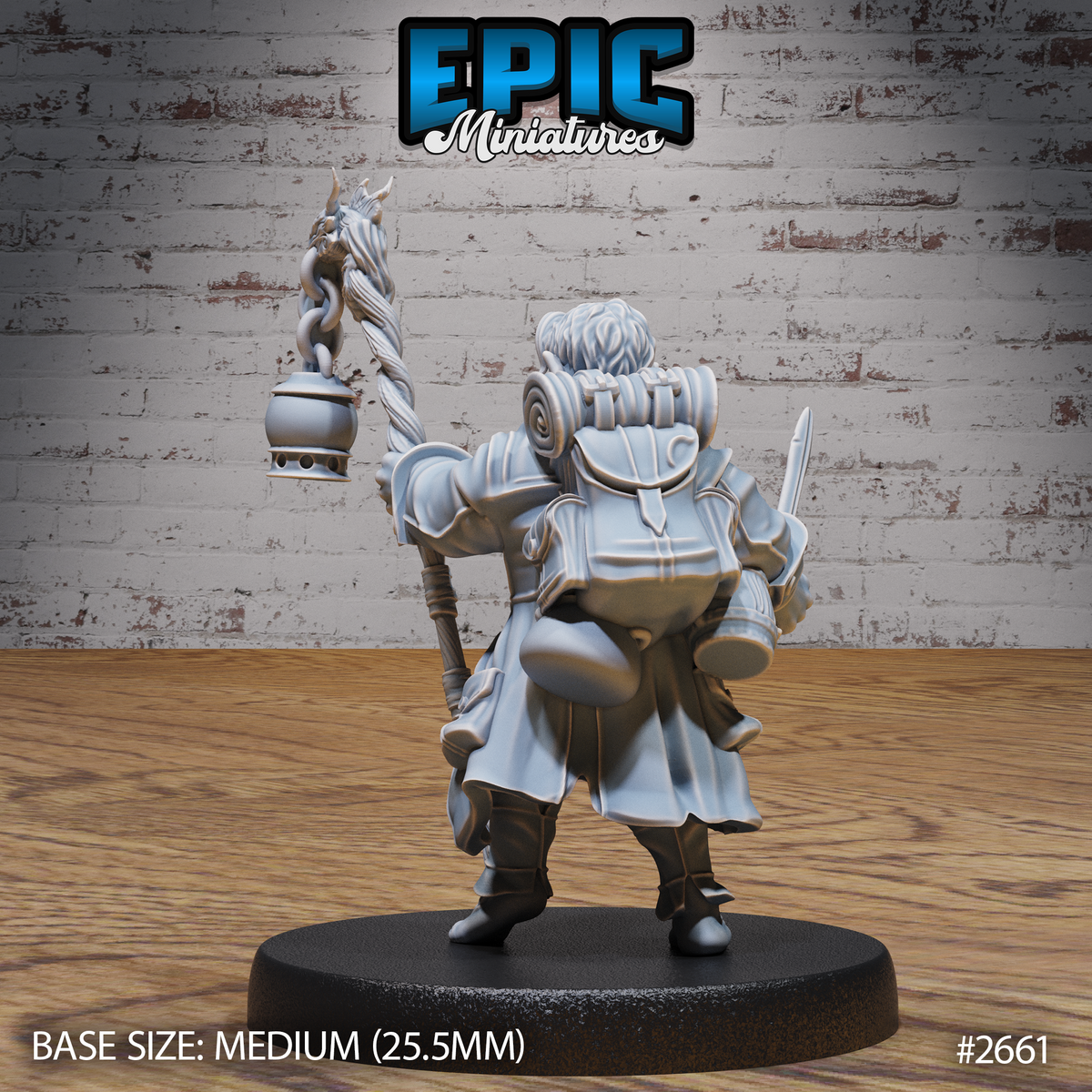 Halfling miniature seen from behind, revealing a large bulging traveller's pack strapped across his back with rolled supplies and pouches. Staff with draconic crown and lantern raised in one hand, blade held at side. Sculpt by Epic Miniatures.