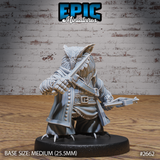 Owlfolk ranger miniature facing forward, thrusting a dagger with one clawed hand while holding a compact hand crossbow at the hip, wearing a long buttoned coat with feather-scaled arms and taloned feet. Sculpt by Epic Miniatures.