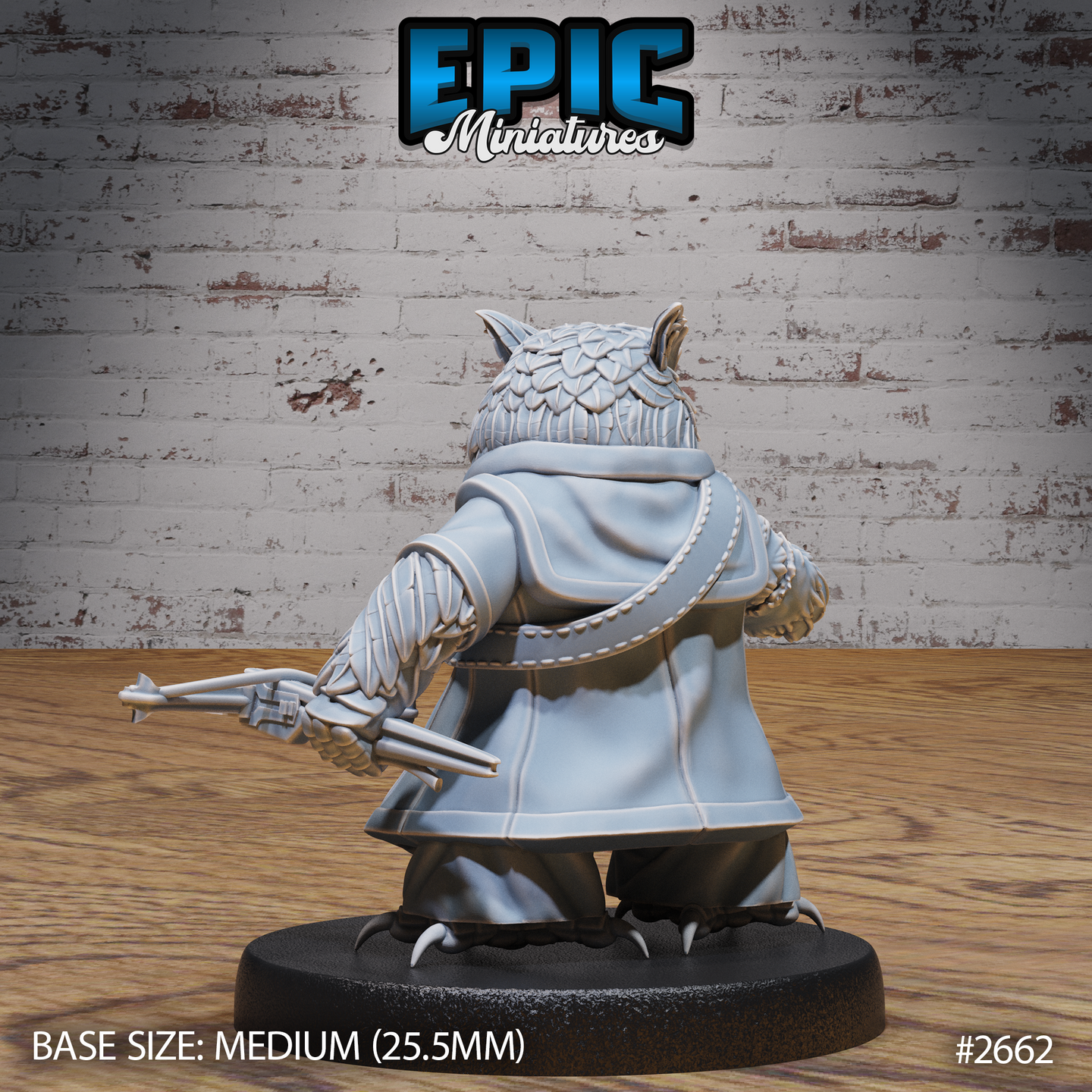 Owlfolk ranger miniature seen from behind, showing a broad feathered head with ear tufts, a flowing coat with detailed folds, and a hand crossbow held low at the side with taloned feet on the base. Sculpt by Epic Miniatures.
