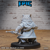 Owlfolk ranger miniature seen from behind, showing a broad feathered head with ear tufts, a flowing coat with detailed folds, and a hand crossbow held low at the side with taloned feet on the base. Sculpt by Epic Miniatures.