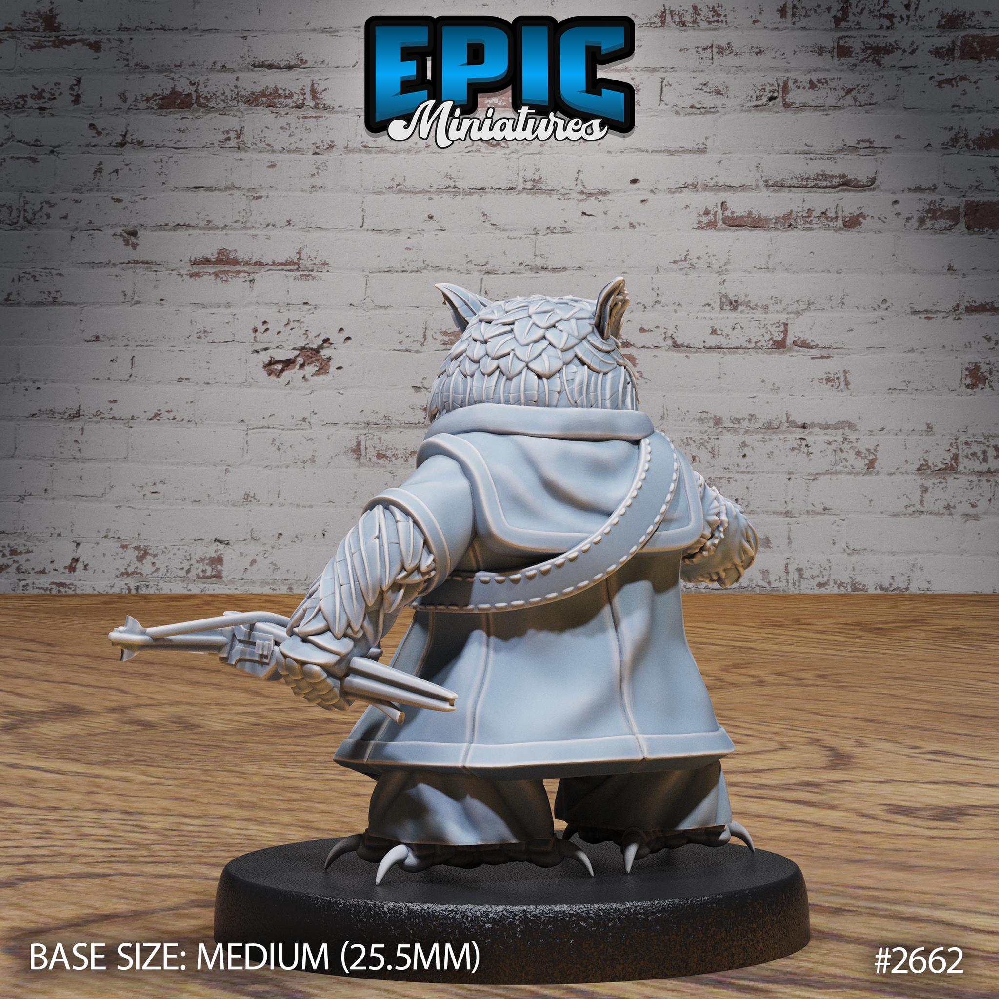 Owlfolk ranger miniature seen from behind, showing a broad feathered head with ear tufts, a flowing coat with detailed folds, and a hand crossbow held low at the side with taloned feet on the base. Sculpt by Epic Miniatures.